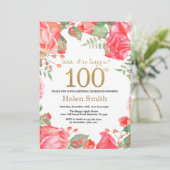 Red Floral Surprise 100th Birthday Gold Glitter Kaart (Staand voorkant)