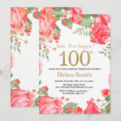 Red Floral Surprise 100th Birthday Gold Glitter Kaart (Voorkant / Achterkant)