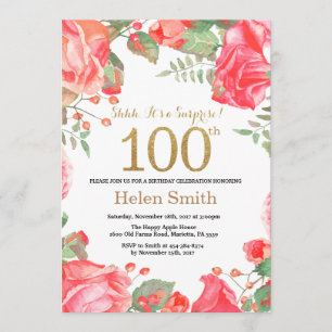 Red Floral Surprise 100th Birthday Gold Glitter Kaart