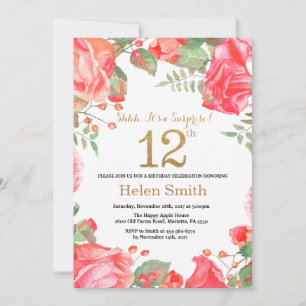 Red Floral Surprise 12th Birthday Gold Glitter Kaart