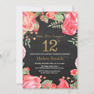 Red Floral Surprise 12th Birthday Gold Glitter Kaart