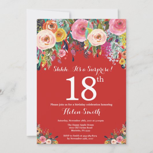Red Floral Surprise 18th Birthday Invitation Kaart (Voorkant)