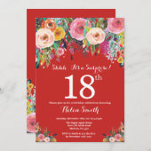 Red Floral Surprise 18th Birthday Invitation Kaart (Voorkant / Achterkant)