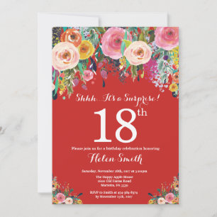 Red Floral Surprise 18th Birthday Invitation Kaart