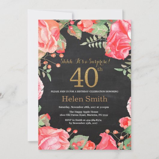 Red Floral Surprise 40th Birthday Gold Glitter Kaart (Voorkant)