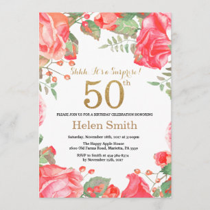Red Floral Surprise 50th Birthday Gold Glitter Kaart