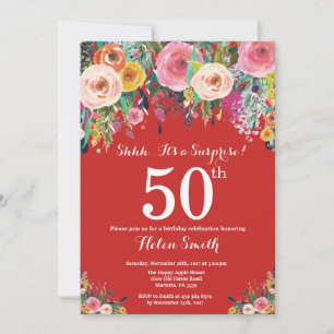 Red Floral Surprise 50th Birthday Invitation Kaart