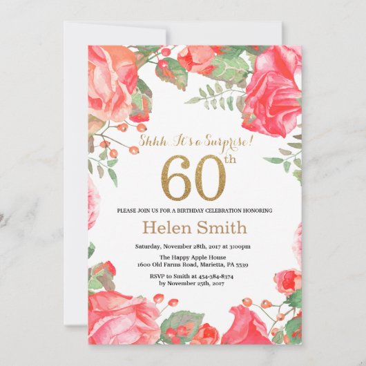 Red Floral Surprise 60th Birthday Gold Glitter Kaart (Voorkant)