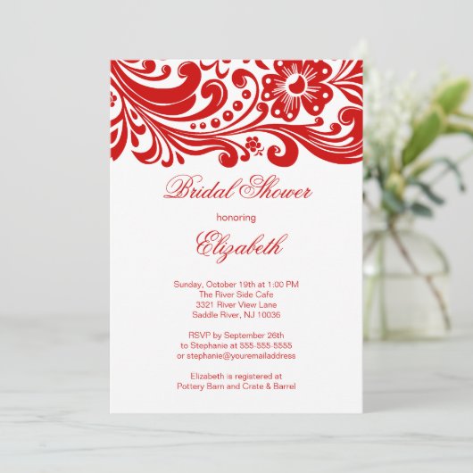 Red Floral Swirl Bridal Shower Invitation Formulie Kaart (Staand voorkant)