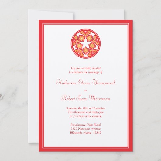 Red Floral Tiles Wedding Invitation Kaart (Voorkant)