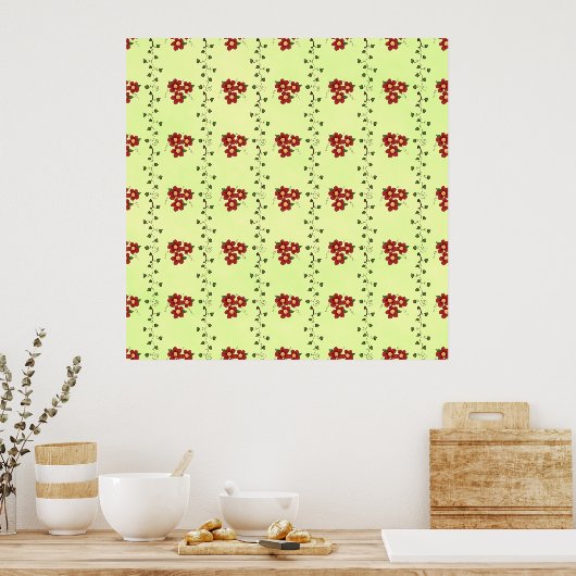 Red Floral Vine Pattern on Light Green Poster (Keuken)