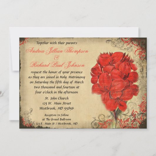 Red Floral Vintage Wedding Invitation Kaart (Voorkant)