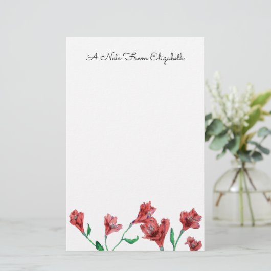 Red Floral Waterverf - Aangepaste schrijfbenodigdh Briefpapier (Staand voorkant)