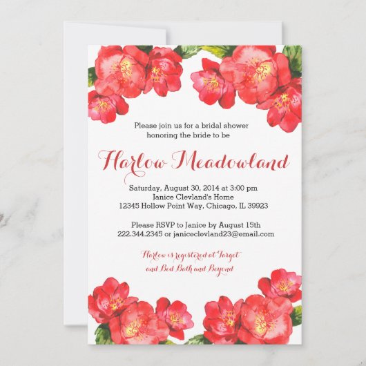 Red Floral Waterverf Bridal Shower Kaart (Voorkant)