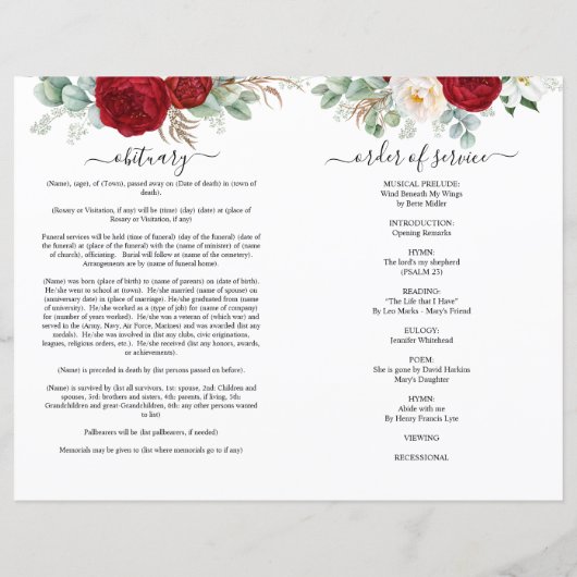 Red Floral Waterverf Photo Funeral Full Programme (Achterkant)