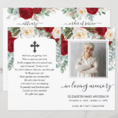 Red Floral Waterverf Photo Funeral Full Programme (Voorkant / Achterkant)