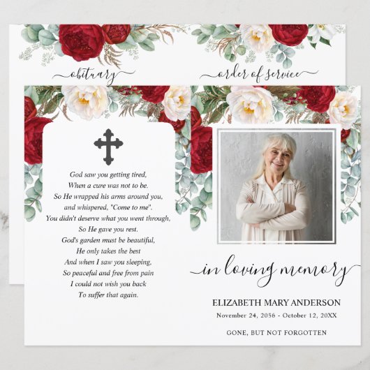 Red Floral Waterverf Photo Funeral Full Programme (Voorkant / Achterkant)