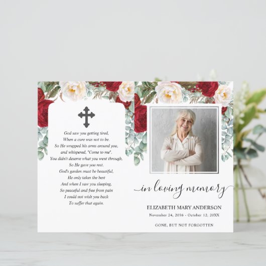 Red Floral Waterverf Photo Funeral Full Programme (Staand voorkant)