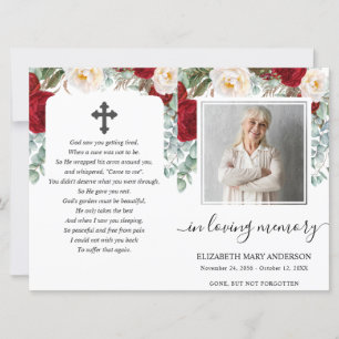 Red Floral Waterverf Photo Funeral Full Programme Kaart