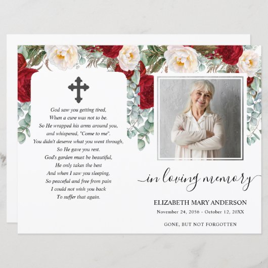 Red Floral Waterverf Photo Funeral Programme (Voorkant / Achterkant)