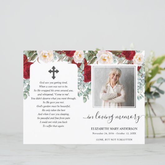 Red Floral Waterverf Photo Funeral Programme (Staand voorkant)