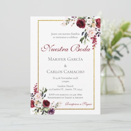 Red Floral Wedding invitation Invitación boda espa Kaart (Staand voorkant)