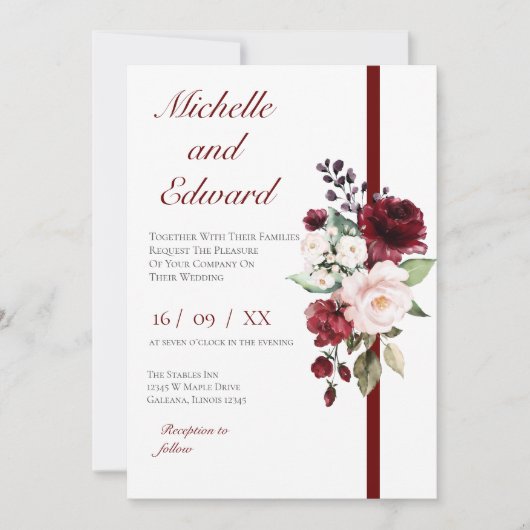 Red Floral Wedding Invitation Kaart (Voorkant)