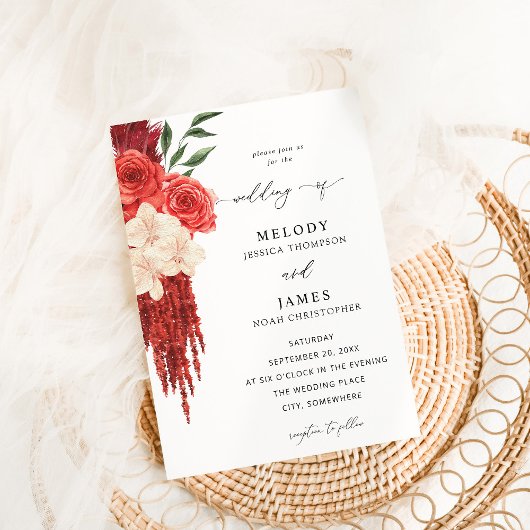 Red Floral Wedding Invitation Kaart