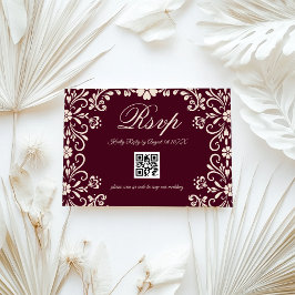 Red Floral Wedding QR RSVP Kaartje