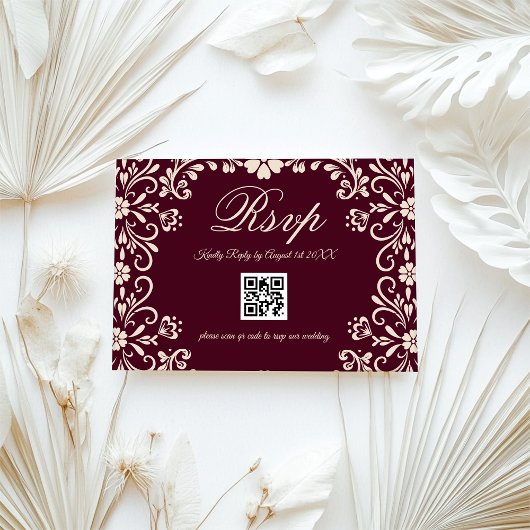 Red Floral Wedding QR RSVP Kaartje