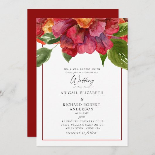 Red Floral Wedding Tuscan Bold Parents Kaart (Voorkant / Achterkant)