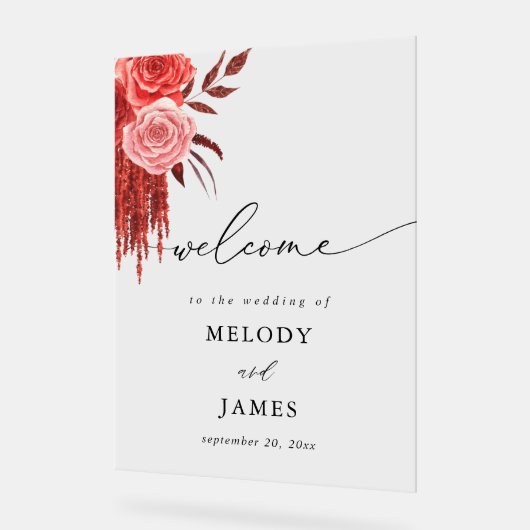 Red Floral Welkom Acryl Bord (Hoek)