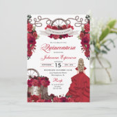 Red Floral Western Ranchero Quinceanera Kaart (Staand voorkant)