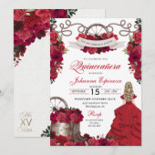 Red Floral Western Ranchero Quinceanera Kaart (Voorkant / Achterkant)