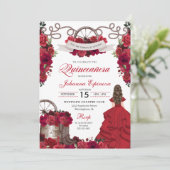Red Floral Western Ranchero Quinceanera Kaart (Staand voorkant)