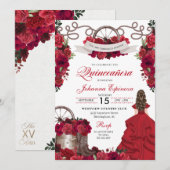 Red Floral Western Ranchero Quinceanera Kaart (Voorkant / Achterkant)