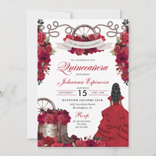 Red Floral Western Ranchero Quinceanera Kaart (Voorkant)