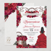 Red Floral Western Ranchero Quinceanera Kaart (Voorkant / Achterkant)
