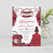 Red Floral Western Ranchero Quinceanera Kaart (Staand voorkant)