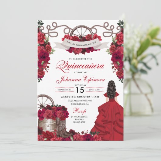 Red Floral Western Ranchero Quinceanera Kaart (Staand voorkant)