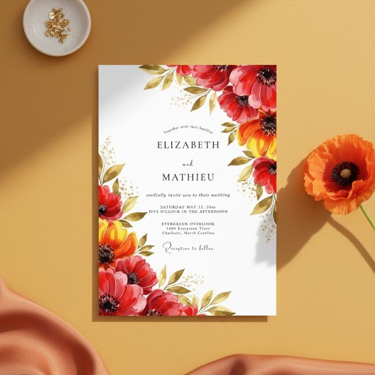 Red Floral Whimsy Wedding Kaart