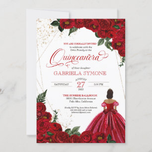 Red Floral White en Gold Elegant Gown Quinceanera Kaart