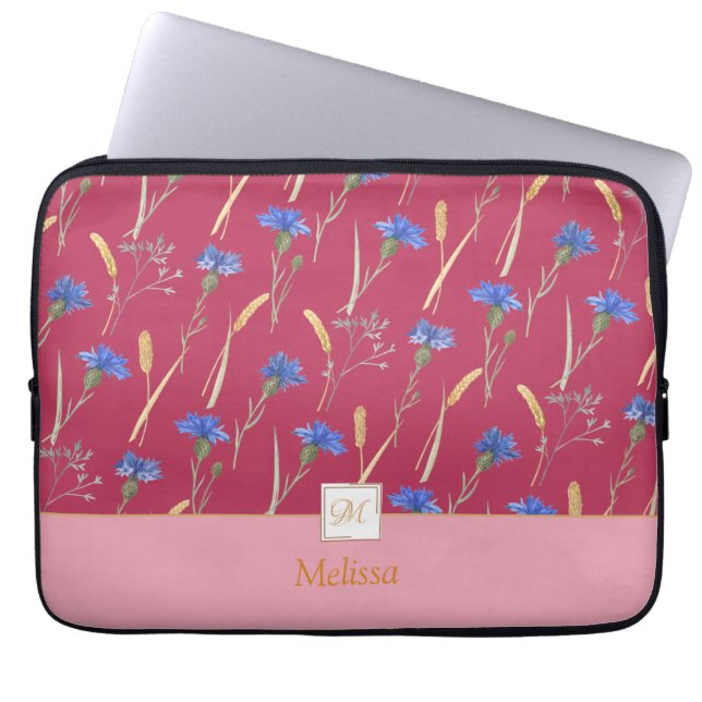 Red Floral Wildflower Monogram Laptop Sleeve (Voorkant)