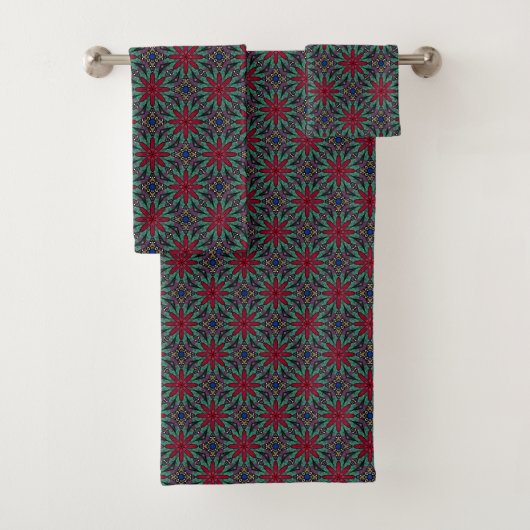 Red Floral With Green and Blue Bad Handdoek (Insitu)