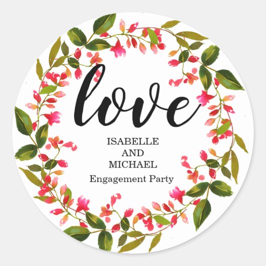 Red Floral Wreath gepersonaliseerde verlovingsfees Ronde Sticker (Voorkant)