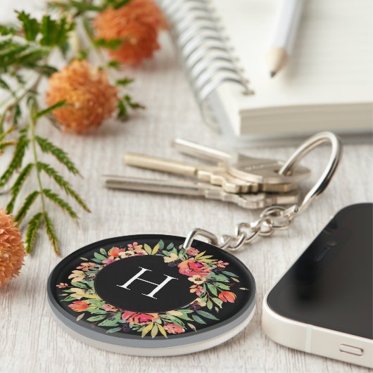 Red Floral Wreath Monogram Sleutelhanger (Voorkant Rechts)