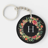 Red Floral Wreath Monogram Sleutelhanger (Voorkant)