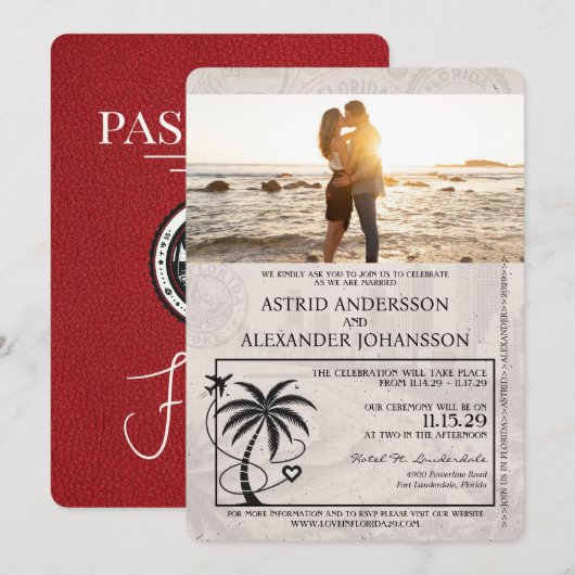 Red Florida Passport Wedding Invitation Kaart (Voorkant / Achterkant)