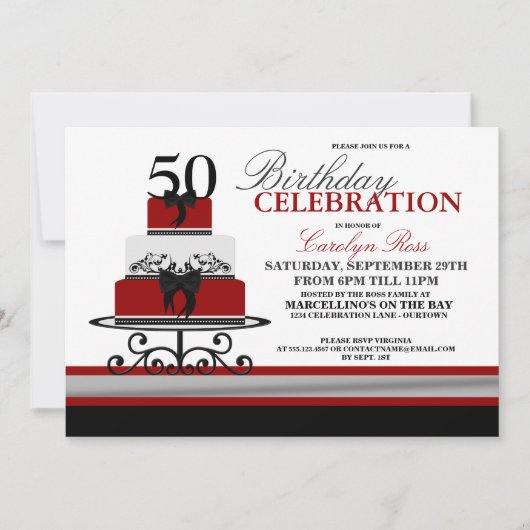 Red Flourish Cake Custom Birthday Invitation Kaart (Voorkant)