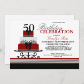 Red Flourish Cake Custom Birthday Invitation Kaart (Voorkant / Achterkant)